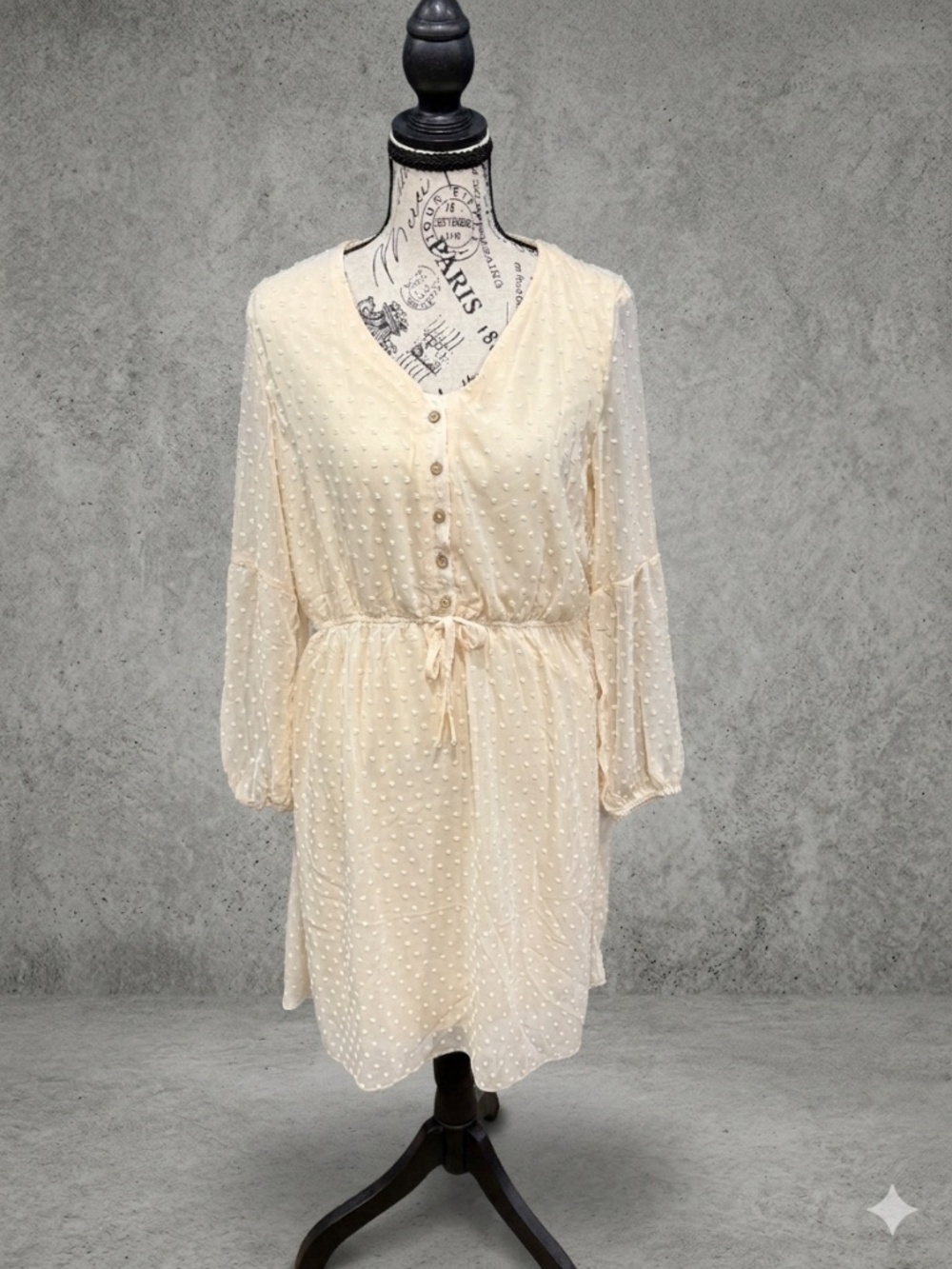Alredine Cream Swiss Dot Long Sleeve Mini Dress - Size Large - Boho Chic